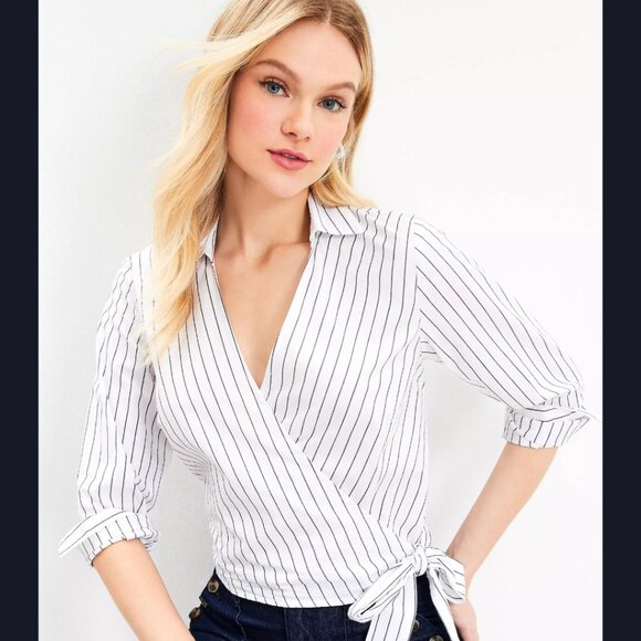 Ann Taylor Loft Striped Cotton Blend Side Wrap Blouse | NWT | XS | White Black - Picture 3 of 7